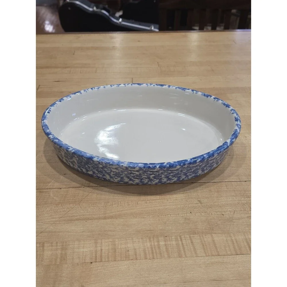 Vintage Henn Workshops Blue Spongeware Oval Casserole Baking Dish Signed SB